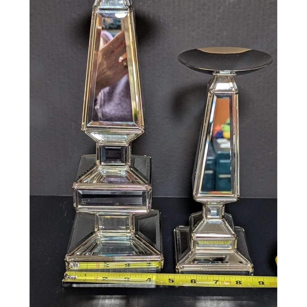 Pier One Silver Mirrored Geometrically Stacked Candlesticks Felt Bottom Set of 2
